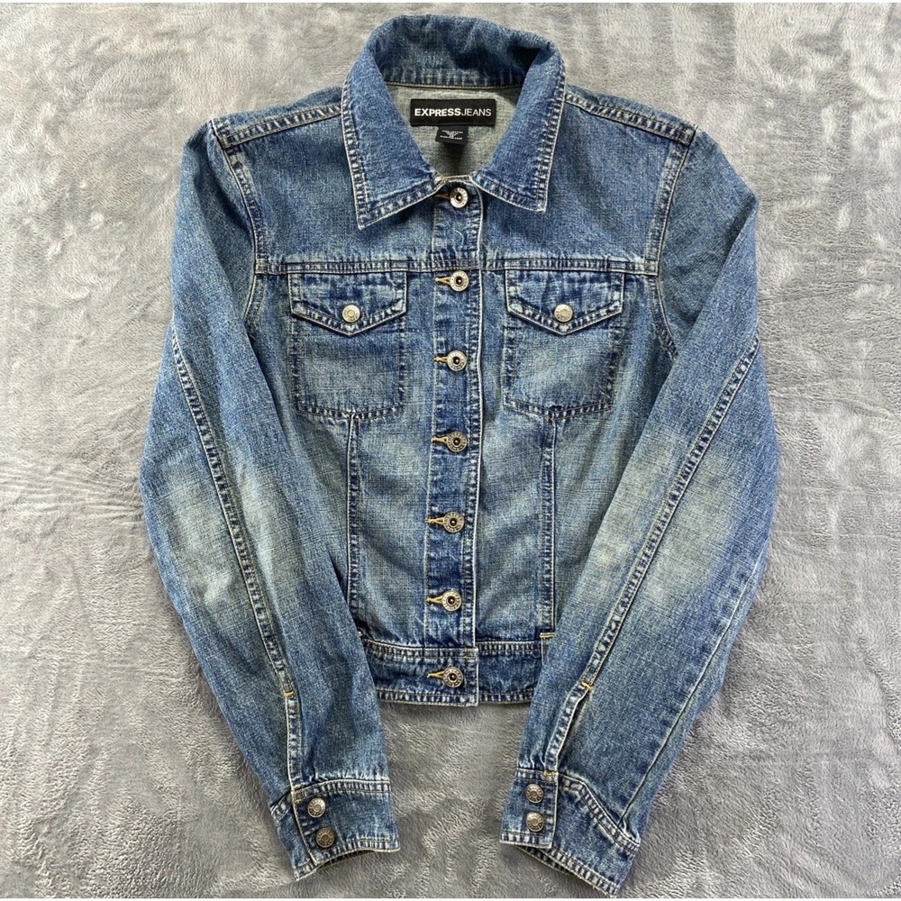 Express Jeans Denim Jacket Womens‎ M Blue Medium Wash Jean Jacket 100% Cotton
